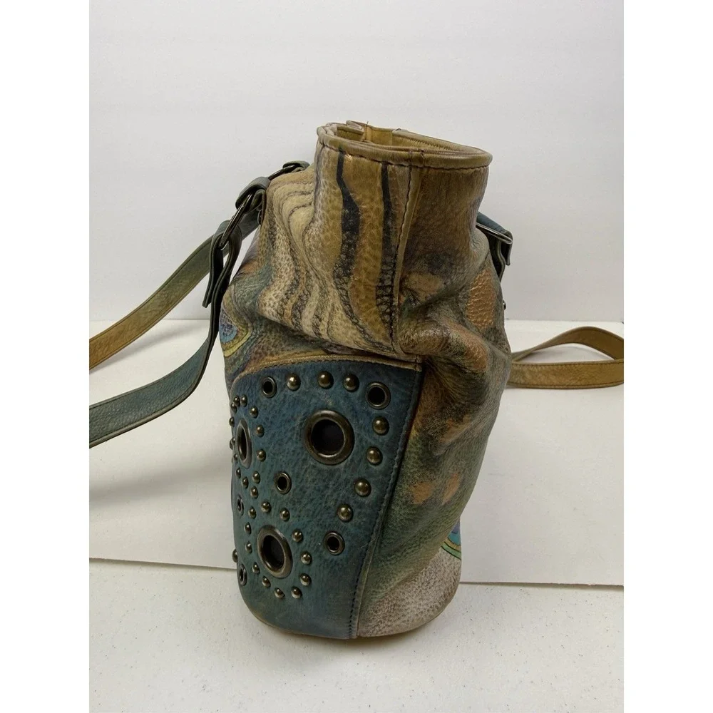 Anuschka peacock feather satchel bag studded blue hand painted signed art purse